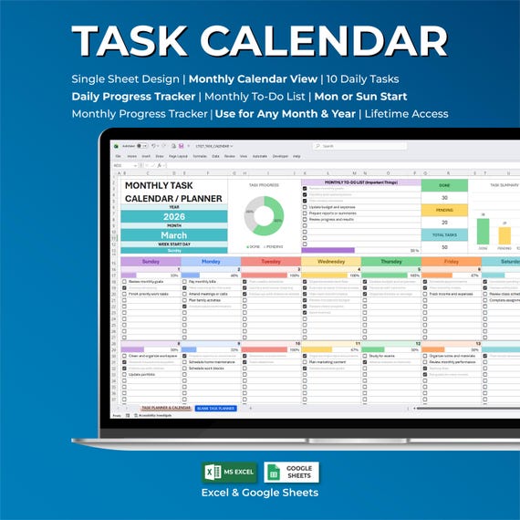 Monthly Organizer Spreadsheet, Productivity Dashboard Template, Time Management Tool, Workflow Planner Sheet, Work Management System, Excel