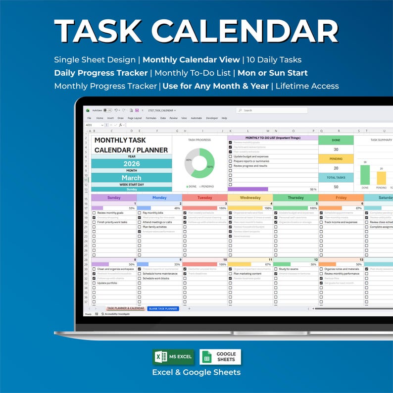 Monthly Organizer Spreadsheet, Productivity Dashboard Template, Time Management Tool, Workflow Planner Sheet, Work Management System, Excel