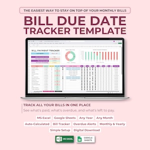 Bills Due Date Tracker Excel & Google Sheets Template, Bill Due Date Reminder Spreadsheet, Annual Payment Tracker, Bill Checklist Organizer
