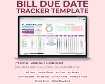 Bills Due Date Tracker Excel & Google Sheets Template, Bill Due Date Reminder Spreadsheet, Annual Payment Tracker, Bill Checklist Organizer