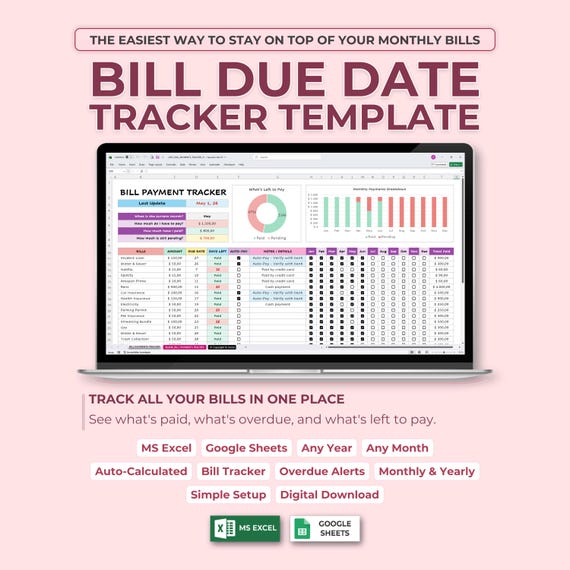 Bills Due Date Tracker Excel & Google Sheets Template, Bill Due Date Reminder Spreadsheet, Annual Payment Tracker, Bill Checklist Organizer