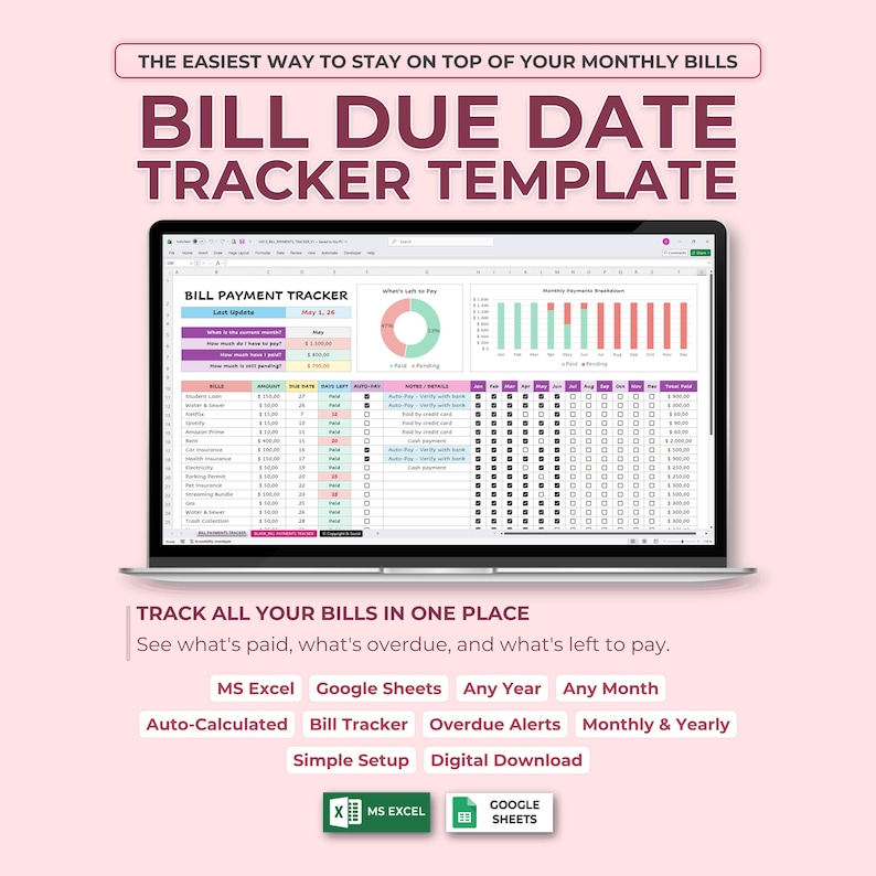 Bills Due Date Tracker Excel & Google Sheets Template, Bill Due Date Reminder Spreadsheet, Annual Payment Tracker, Bill Checklist Organizer