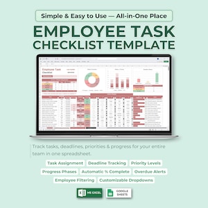 May include: A laptop displays an employee task checklist template. The screen shows a spreadsheet with charts and data. Text includes "Employee Task Checklist Template", "Track tasks, deadlines, priorities & progress". Features include task assignment and deadline tracking.