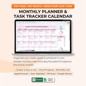 May include: A laptop screen shows a monthly planner and task tracker calendar. The display features a pink and white calendar layout with to-do lists and a visual progress tracker. The text at the top reads "ANY YEAR • ANY MONTH • WEEK START: SUN / MON".
