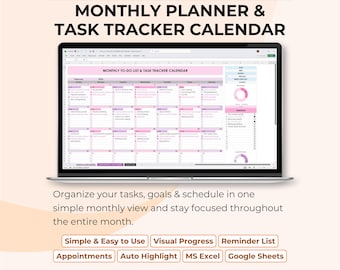 Monthly Planner Excel Google Sheets | Task Organizer & Goal Tracker Spreadsheet | Editable Calendar Template | Simple Planning System