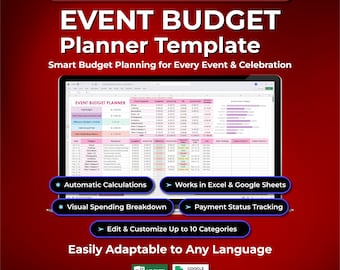 Event Budget Tracker Spreadsheet | Event Budget Excel & Google Sheets Template, Excel Event Budget Planner for Parties and Celebrations
