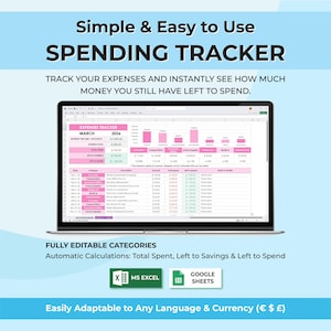 Può includere: Un foglio di calcolo digitale per il monitoraggio delle spese visualizzato sullo schermo di un portatile. L'interfaccia presenta uno schema di colori rosa e bianco con grafici a barre, categorie di spesa e tabelle di dati finanziari.