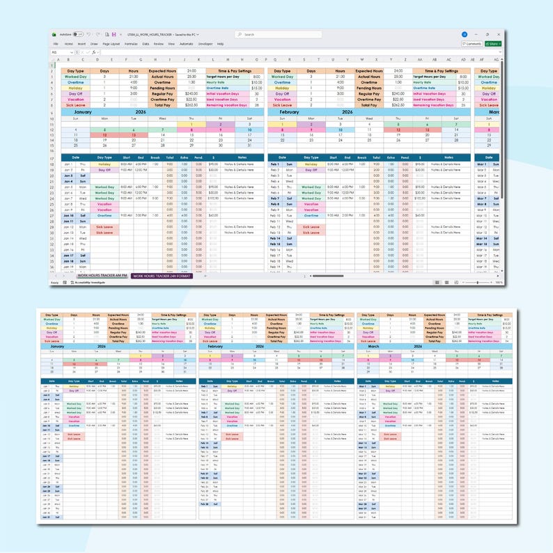 Timesheet & Payroll Tracker Excel Google Sheets | Work Hours Calculator ...