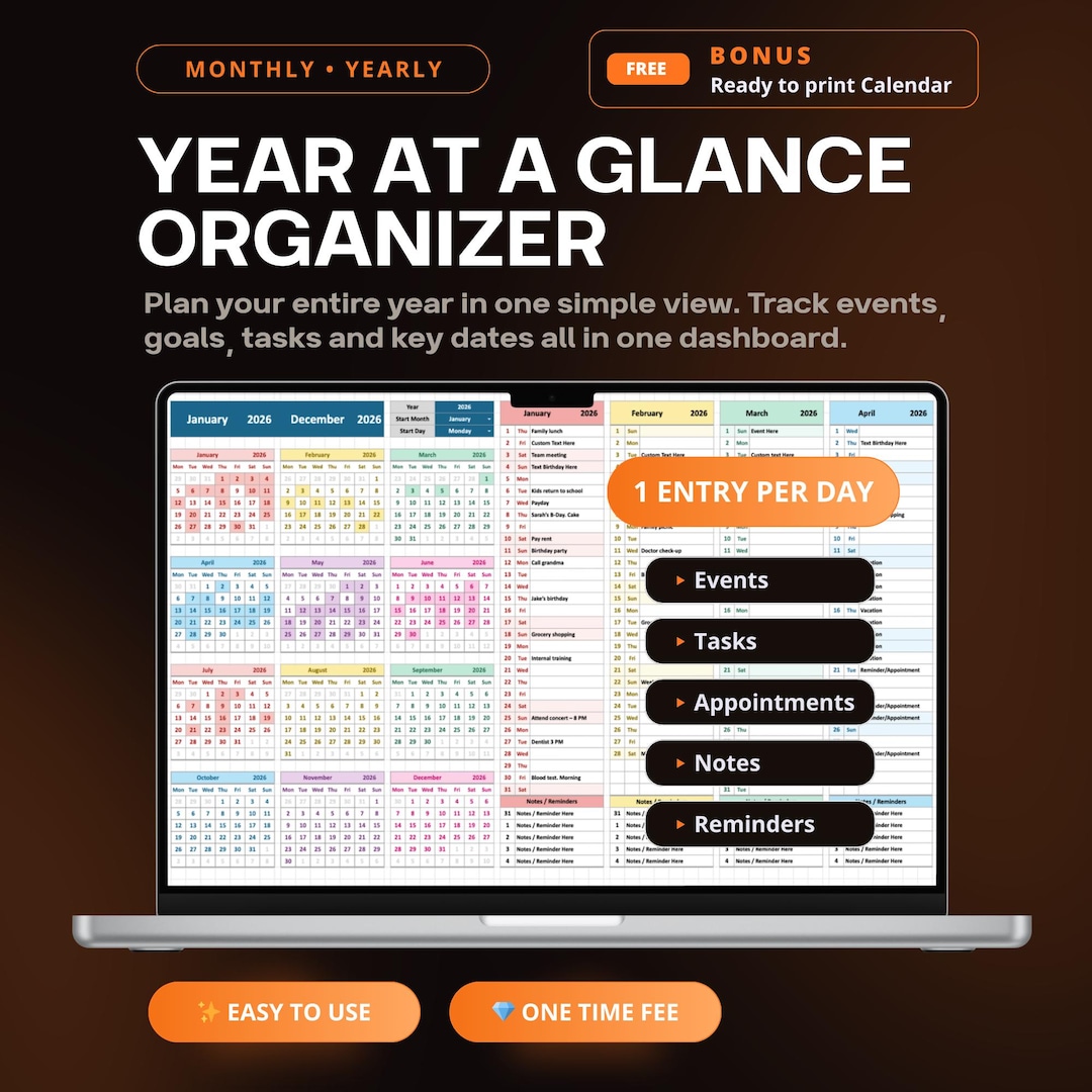 Year at a Glance Organizer | Annual Planner Excel Spreadsheet | Google ...