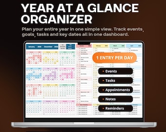 Year at a Glance Organizer | Annual Planner Excel Spreadsheet | Google Sheets Calendar | One Page Year Planner | Digital Planning Template