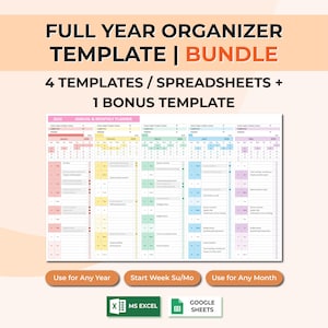 Calendario organizador anual completo/Planificador anual editable (Plantilla de Excel y Hojas de cálculo de Google) con eventos, tareas, recordatorios y resaltado automático.