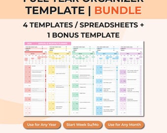 Full Year Organizer Calendar | Editable Annual Planner Excel & Google Sheets Template with Events, Tasks, Reminders and Auto Highlight