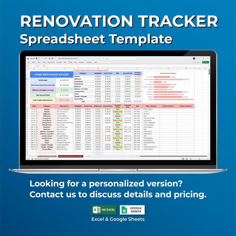 Home Renovation Budget Planner Spreadsheet | Remodel Expense Tracker ...