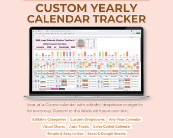 Custom Annual Calendar Tracker Excel Google Sheets, Yearly Planner Spreadsheet Template, Editable Category Calendar, Daily Dropdown Tracker