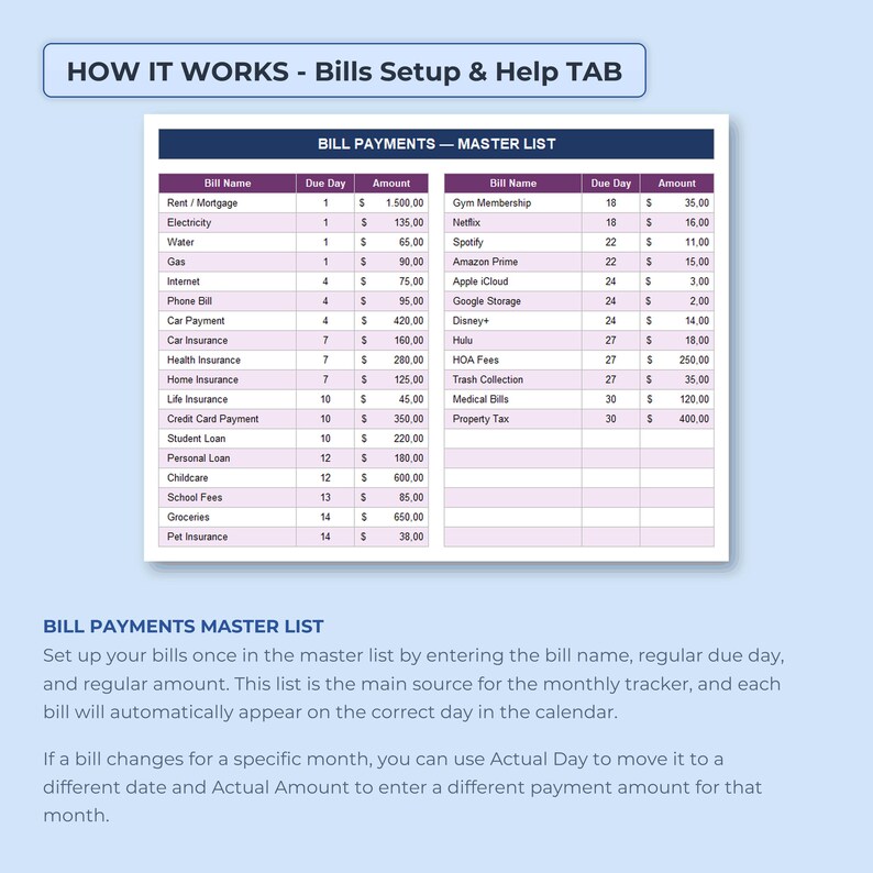 Monthly Bills Organizer Spreadsheet, Bill Pay Calendar, Household Payment Log, Expense Due Date Tracker Excel Google Sheets Template
