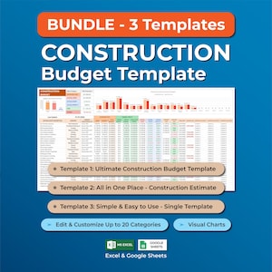 Può includere: Un pacchetto di modelli di budget di costruzione digitale con tre modelli. L'immagine presenta un foglio di calcolo con grafici e dati e il testo "BUNDLE - 3 Templates CONSTRUCTION Budget Template". Include la compatibilità con Excel e Google Sheets.