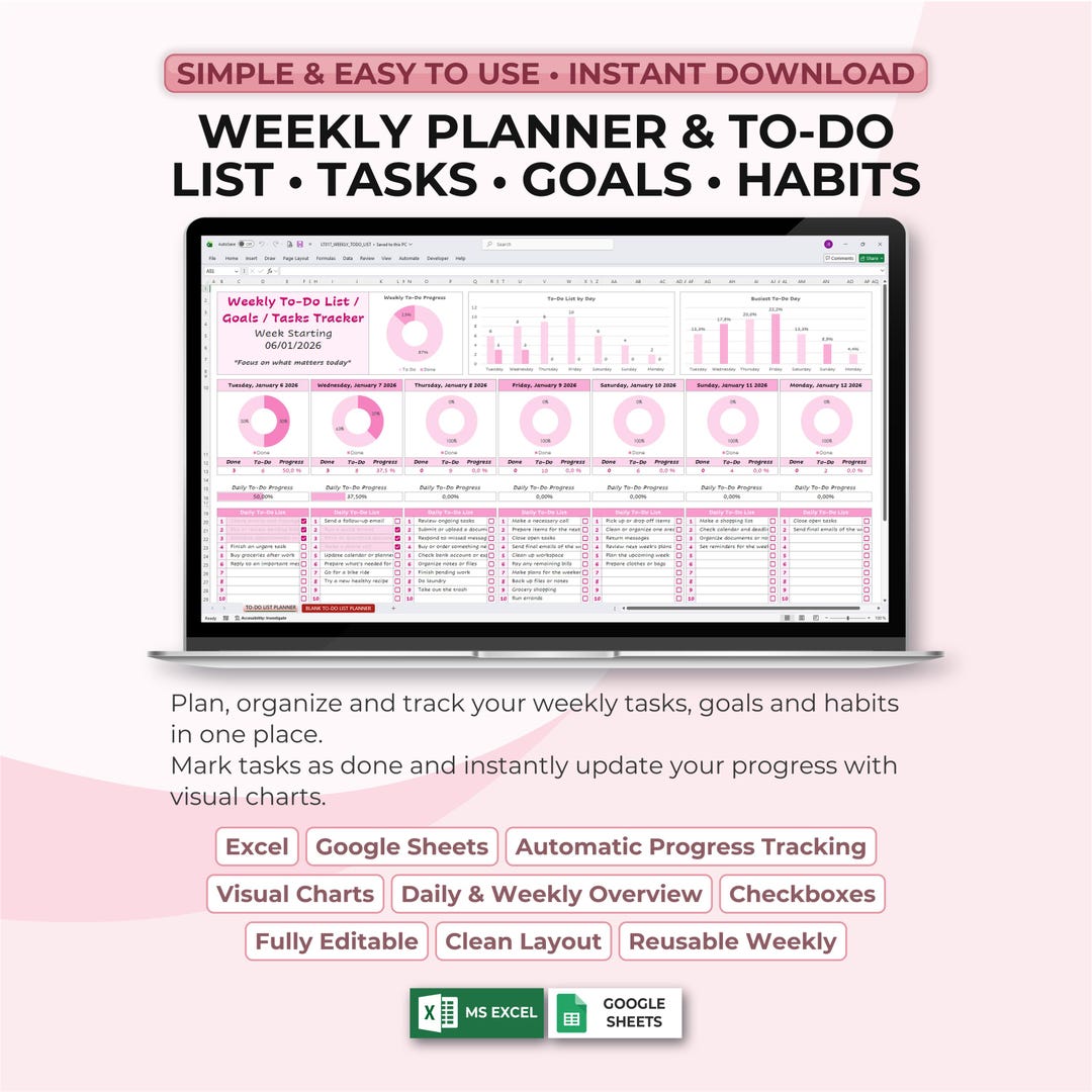 Weekly Planner Excel & Google Sheets Template, to Do List Tracker, Task ...