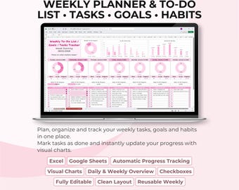 Weekly Planner Excel & Google Sheets Template, To Do List Tracker, Task Organizer, Habit Tracker, Goal Planner, Daily Checklist Spreadsheet