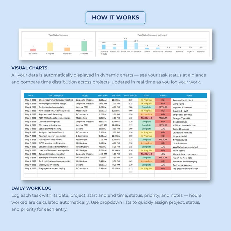 Daily Activity Log Excel Template | Employee Timesheet Tracker | Work Hours Planner Monthly Calendar Task Management | Google Sheets