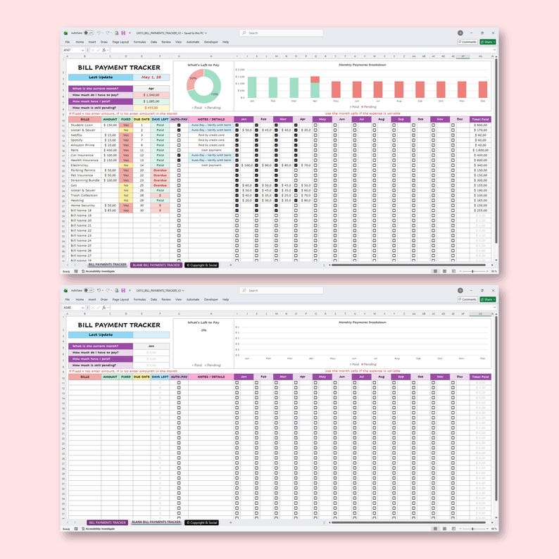 Bills Due Date Tracker Excel & Google Sheets Template, Bill Due Date Reminder Spreadsheet, Annual Payment Tracker, Bill Checklist Organizer
