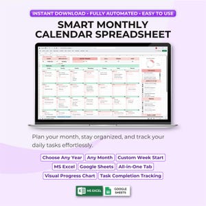 Puede incluir: Un ordenador portátil muestra una hoja de cálculo de calendario mensual inteligente. La pantalla muestra un diseño de calendario con acentos rosas y verdes. El texto en la pantalla incluye "Choose Any Year", "MS Excel" y "Google Sheets".