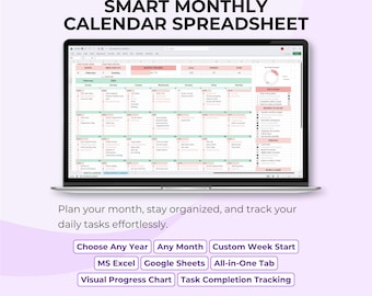 Hoja de cálculo de planificación mensual en Excel y Google Sheets / Plantilla de calendario editable / Seguimiento de tareas y objetivos / Plantilla de planificador mensual personalizada