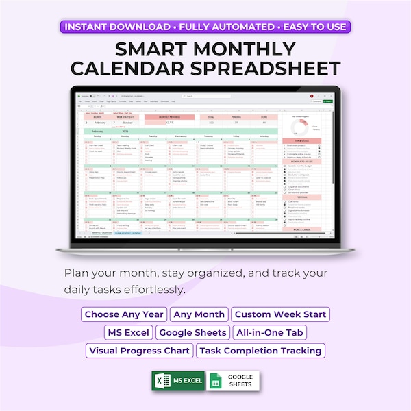 Modelo de calendário mensal | Planejador em Excel e Planilhas Google