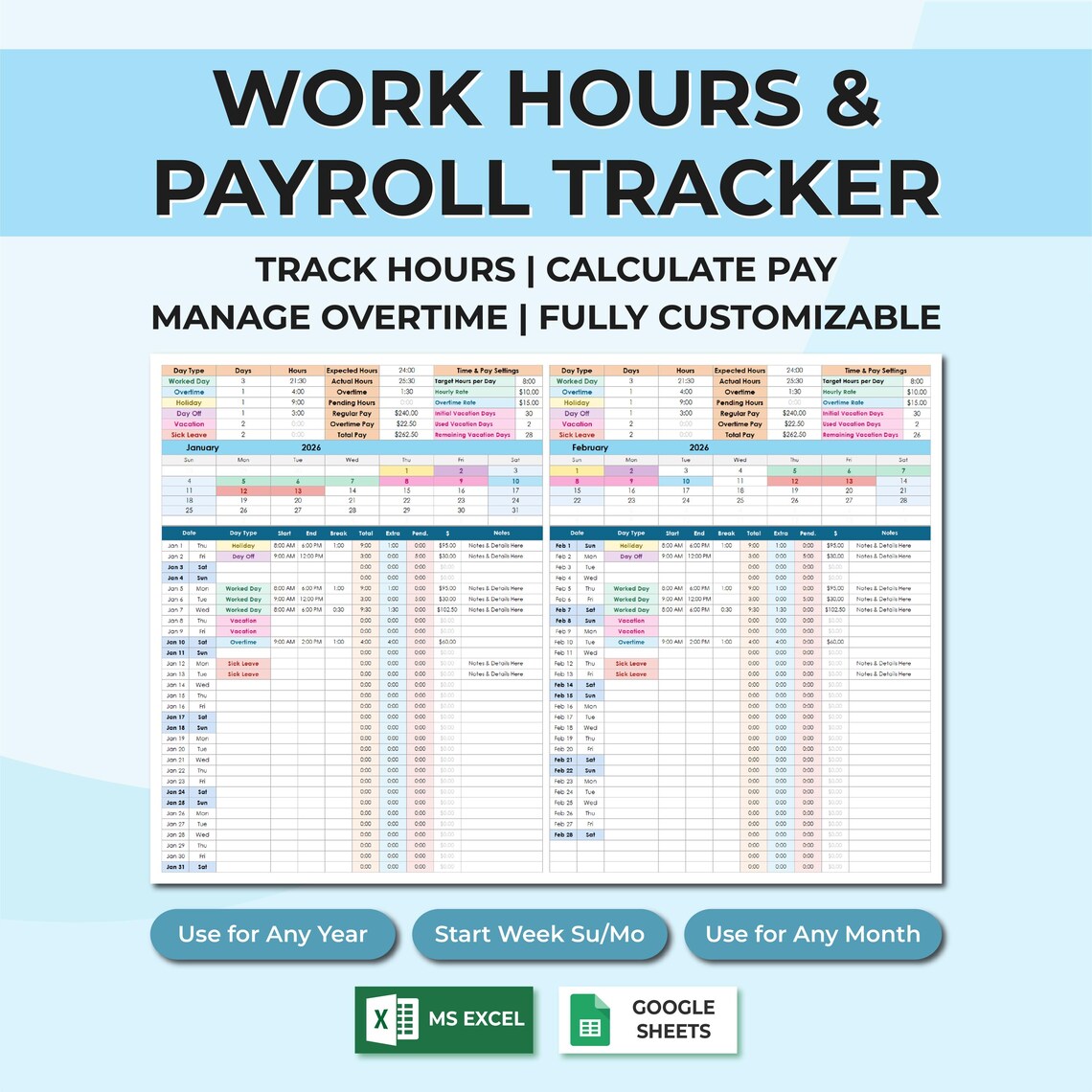 Timesheet & Payroll Tracker Excel Google Sheets | Work Hours Calculator ...