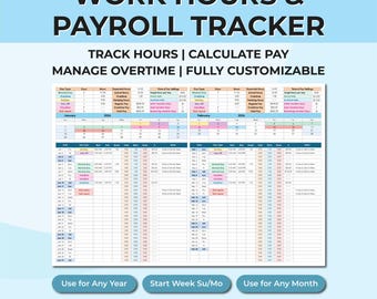 Work Hours Tracker & Payroll Spreadsheet | Timesheet Template Excel Google Sheets | Employee Hours Calculator | Overtime and Pay Tracker