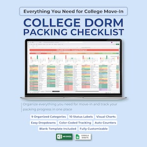 May include: A laptop screen displays a college dorm packing checklist. The text reads "Everything You Need for College Move-In" and "College Dorm Packing Checklist." Features include organized categories, status labels, visual charts, and color-coded tracking.
