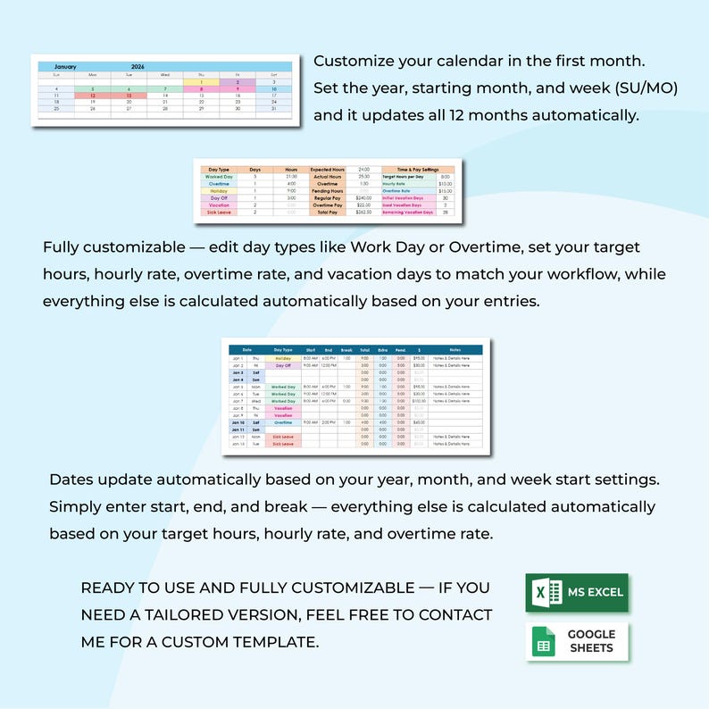 Timesheet & Payroll Tracker Excel Google Sheets | Work Hours Calculator ...