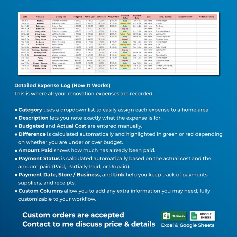 Home Renovation Budget Planner Spreadsheet | Remodel Expense Tracker ...