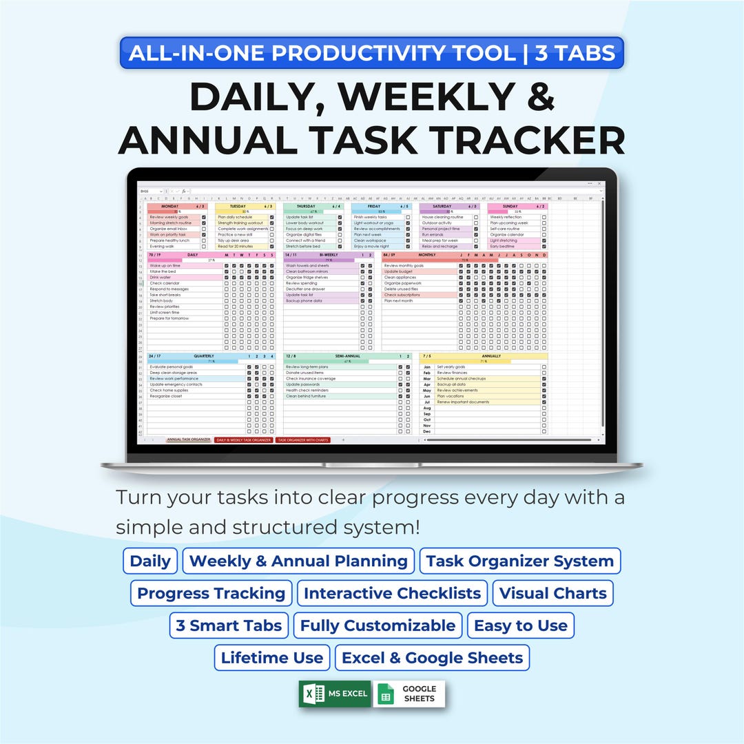 All-in-one Task Tracker Spreadsheet | Daily Weekly & Annual Planner ...