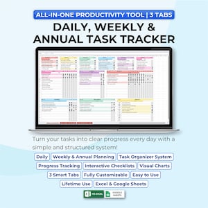 All-in-One-Aufgabenverfolgung | Tages Wochen & Jahresplaner | To-Do Liste, Gewohnheit und Ziel-Tracker Vorlage | Excel Google Sheets