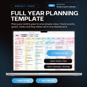 May include: A laptop displays a full-year planning template. The screen shows a calendar with monthly layouts, including space for events, tasks, and notes. The design includes the text "FULL YEAR PLANNING TEMPLATE" and "EASY TO USE".