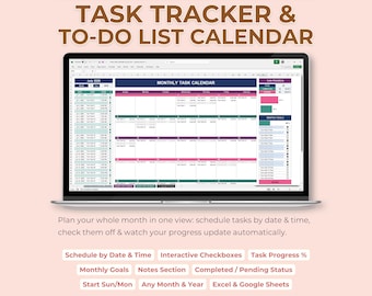 Aufgaben-Tracker-Arbeitsblatt | Monatliche To-Do Liste Planer & Kalender Template | Excel Google Sheets