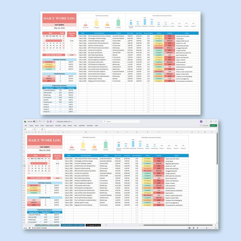 Daily Activity Log Excel Template | Employee Timesheet Tracker | Work Hours Planner Monthly Calendar Task Management | Google Sheets