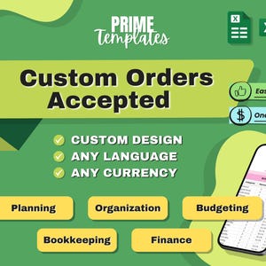 Puede incluir: Gr&aacute;fico que promociona plantillas de pedidos personalizados. El texto dice "Pedidos personalizados aceptados" con opciones de dise&ntilde;o personalizado, cualquier idioma y moneda. Incluye iconos para un uso f&aacute;cil y una tarifa &uacute;nica.