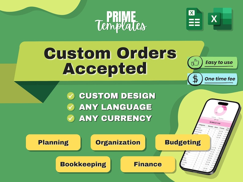 Puede incluir: Gr&aacute;fico que promociona plantillas de pedidos personalizados. El texto dice "Pedidos personalizados aceptados" con opciones de dise&ntilde;o personalizado, cualquier idioma y moneda. Incluye iconos para un uso f&aacute;cil y una tarifa &uacute;nica.