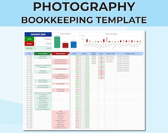 Photography Bookkeeping & Accounting Spreadsheet Template – Monthly Income and Expense Tracker with Annual Summary for Excel Google Sheets