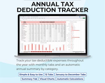 Annual & Monthly Tax Deduction Tracker Spreadsheet | Small Business Expense and Tax Organizer | Tax Prep Template Excel and Google Sheets
