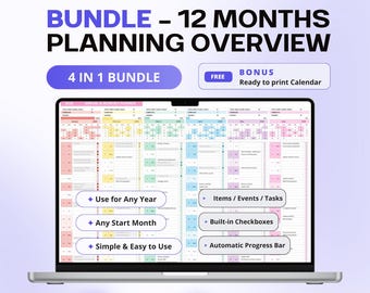 12-Month Planning Overview Bundle Templates | Year at a Glance Planners Excel & Google Sheets Spreadsheet | Annual Calendars and Trackers