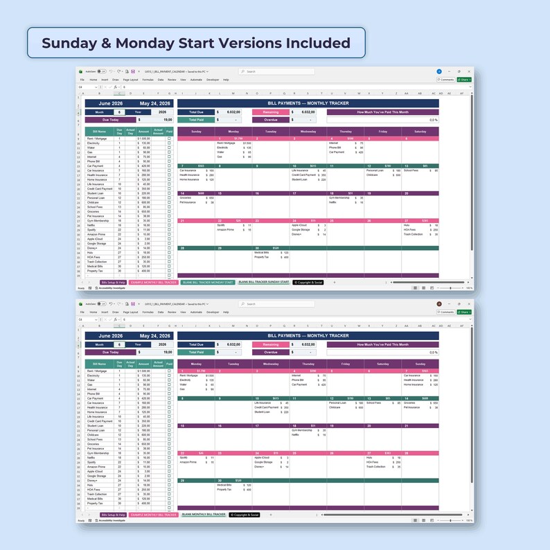 Monthly Bills Organizer Spreadsheet, Bill Pay Calendar, Household Payment Log, Expense Due Date Tracker Excel Google Sheets Template