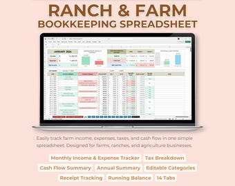 Farm Finance Tracker Spreadsheet, Ranch Bookkeeping Template, Agriculture Income Expense Log, Farm Tax Organizer, Excel and Google Sheets
