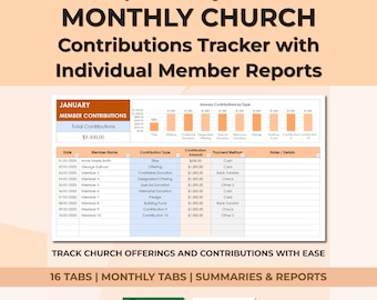Church Monthly Offering & Contributions Spreadsheet | Tithes Pledges Donations Tracker | Church Bookkeeping Template with Member Reports