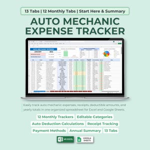 以下が含まれることがあります： 2024年の「AUTO MECHANIC EXPENSE TRACKER」スプレッドシートが表示されたラップトップ。スプレッドシートには13個のタブ、12個の月間トラッカー、自動控除計算と領収書追跡機能が含まれています。MS ExcelとGoogle Sheetsに対応しています。