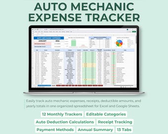 Vehicle Repair Shop Expense Log, Garage Bookkeeping Spreadsheet, Business Receipt Tracker, Tax Write Off Deduction Template Excel Sheets