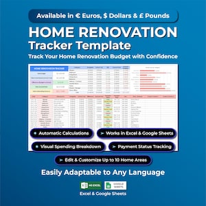 Op de afbeelding: Blauwe afbeelding met de tekst "HOME RENOVATION Tracker Template" en een spreadsheet-indeling. De sjabloon bevat automatische berekeningen, een visuele uitsplitsing van de uitgaven en het volgen van de betalingsstatus. Aanpasbaar aan elke taal, werkt met Excel & Google Sheets.