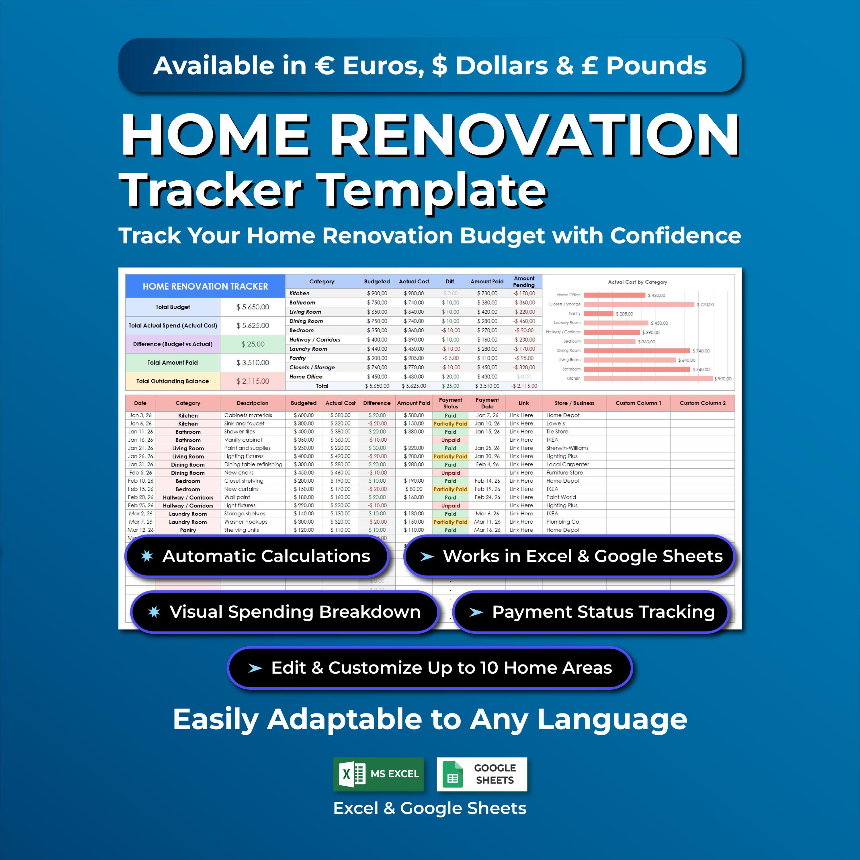 Home Renovation Budget Planner Spreadsheet | Remodel Expense Tracker ...
