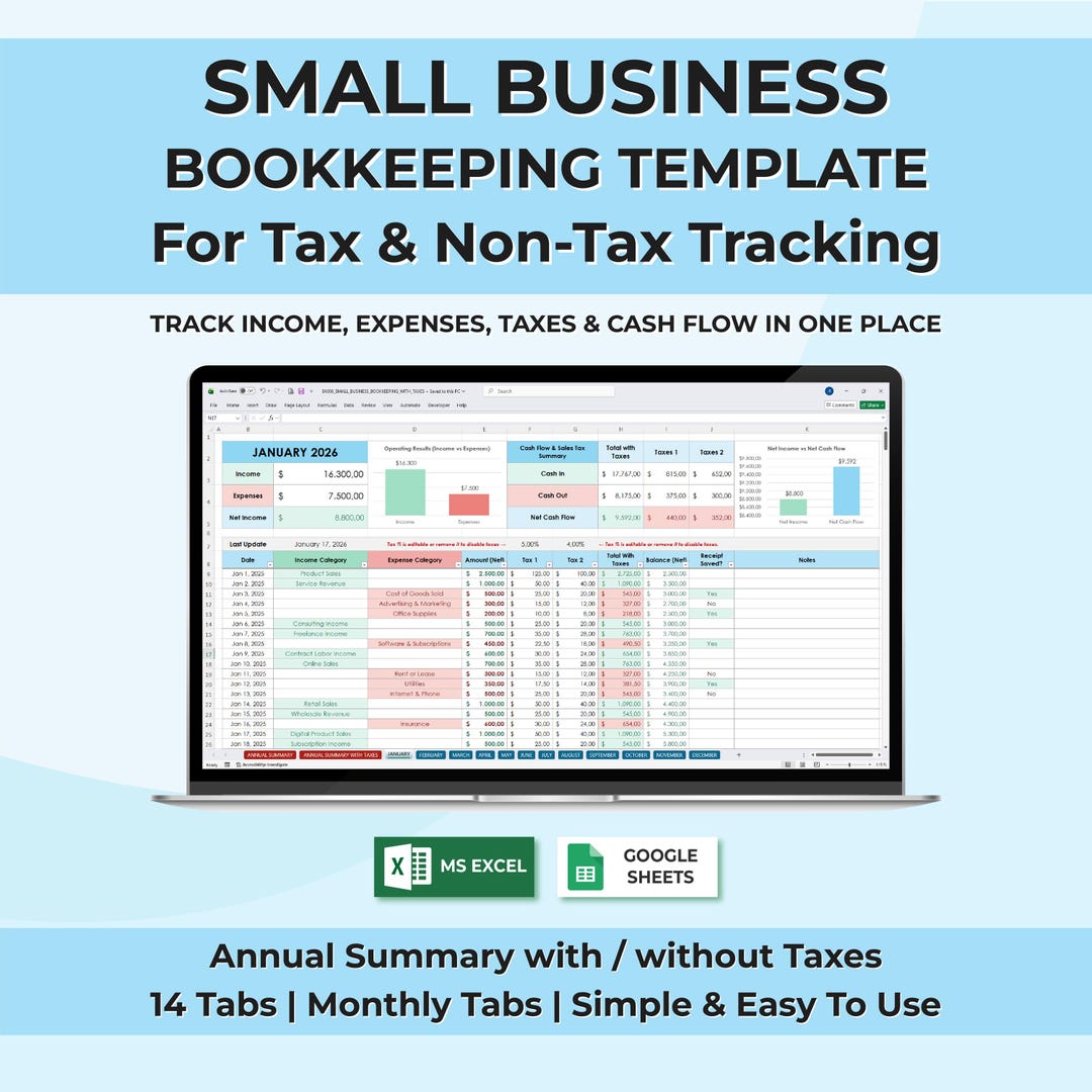 Small Business Bookkeeping Template for Excel & Google Sheets | Income ...